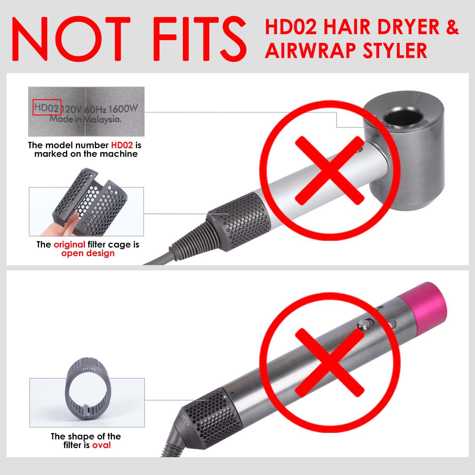 Filtre extérieur magnétique de rechange pour sèche-cheveux Dyson Supersonic HD01 HD03 HD08 HD15 - Accessoires de réparation en maille (noir)