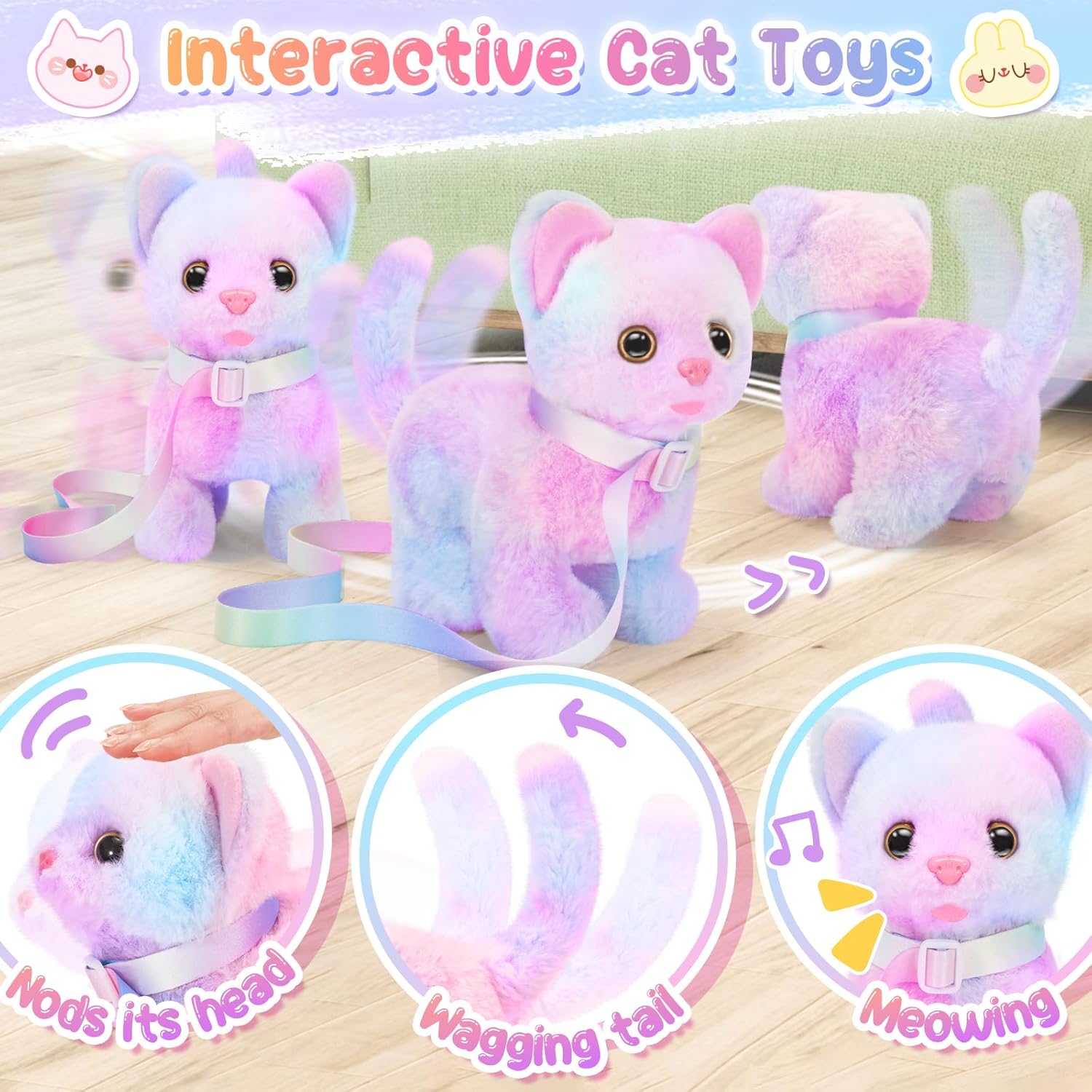 Plush Interactive Cat Toys for Kids with Tote Bags, Stuffed Robot Pet Kitten with Leash Walking Meow Pretend Play, Realistic Cute Stuff Fidget Toys for Toddler Stocking Stuffers Birthday Gifts - Image 4