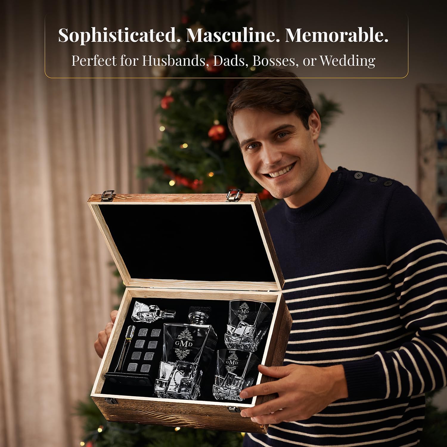 Custom Engraved Filigree Monogram 6 Options, Chunky Heavy Liquor/Bourbon Decanter with Glasses, Whiskey Stones, Coasters, Tongs & Wood Box, Premium Whiskey Gift Set for Men, Husband, Dad