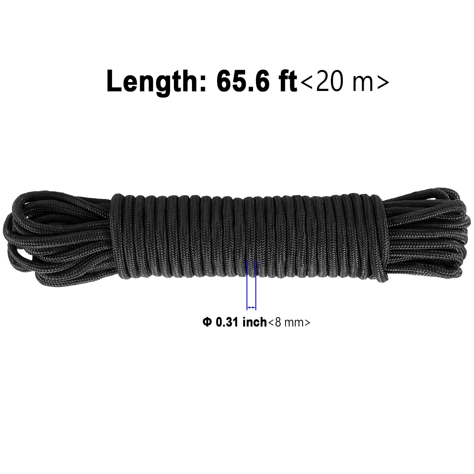 2 Pack Cordes en Nylon Torsadé Cordon Tressé Noir Haute Résistance en Polyester pour Suspension Charge Maximale 317.5 kg, 20 m x 8 mm
