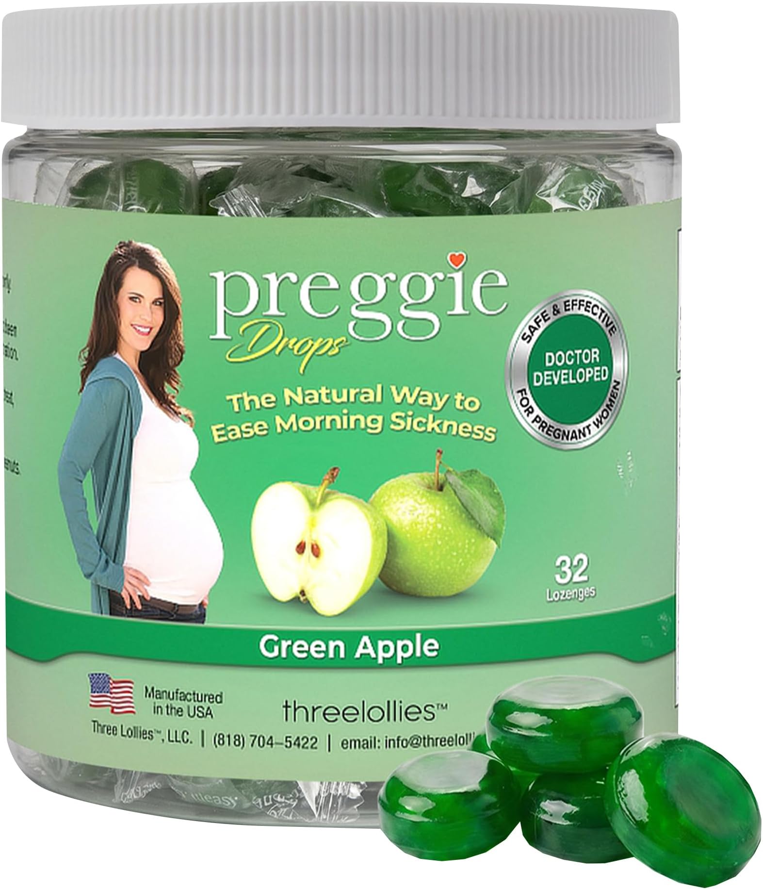 Three Lollies Preggie Pop Drops Pregnancy Nausea Relief Morning Sickness Candy with Essential Oils for Pregnant Women โ Green Apple, 32 Count