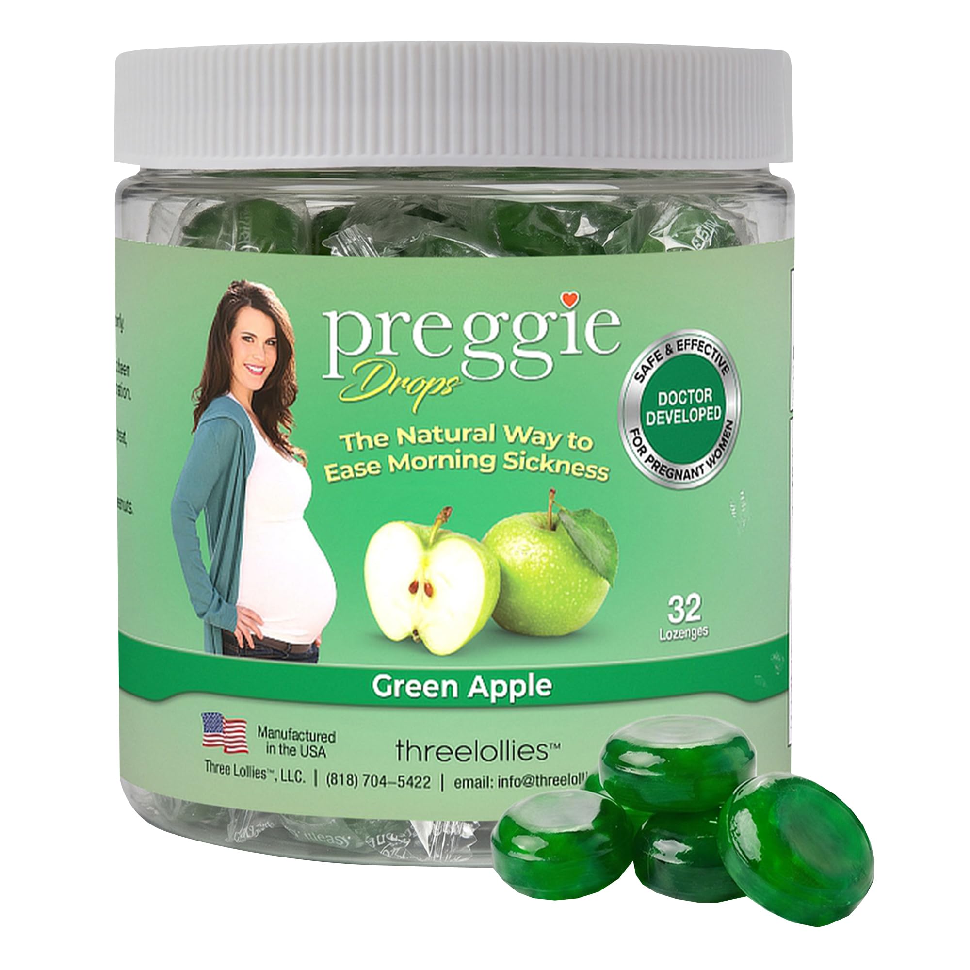 Three Lollies Preggie Pop Drops Pregnancy Candy, Green Apple, 32 Count