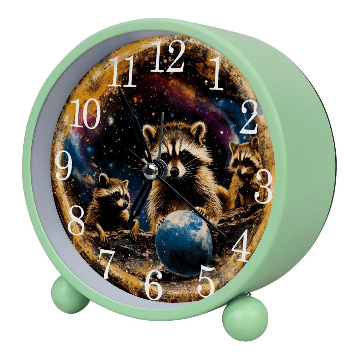 Luoweisi Alarm Clock Space Raccoon, Silent Non-Ticking with Night Light, Round Metal Alarm Clock for Office, Battery Operated, Bedroom, Elderly, Adults, Children, Student Gifts