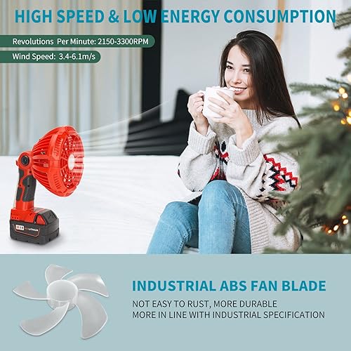 Miniatura 8 de Ventilador de batería Milwaukee de 18 V, motor inalámbrico de 3 velocidades de bajo ruido para camping, gimnasio, garaje, viajes, oficina, dormitorio