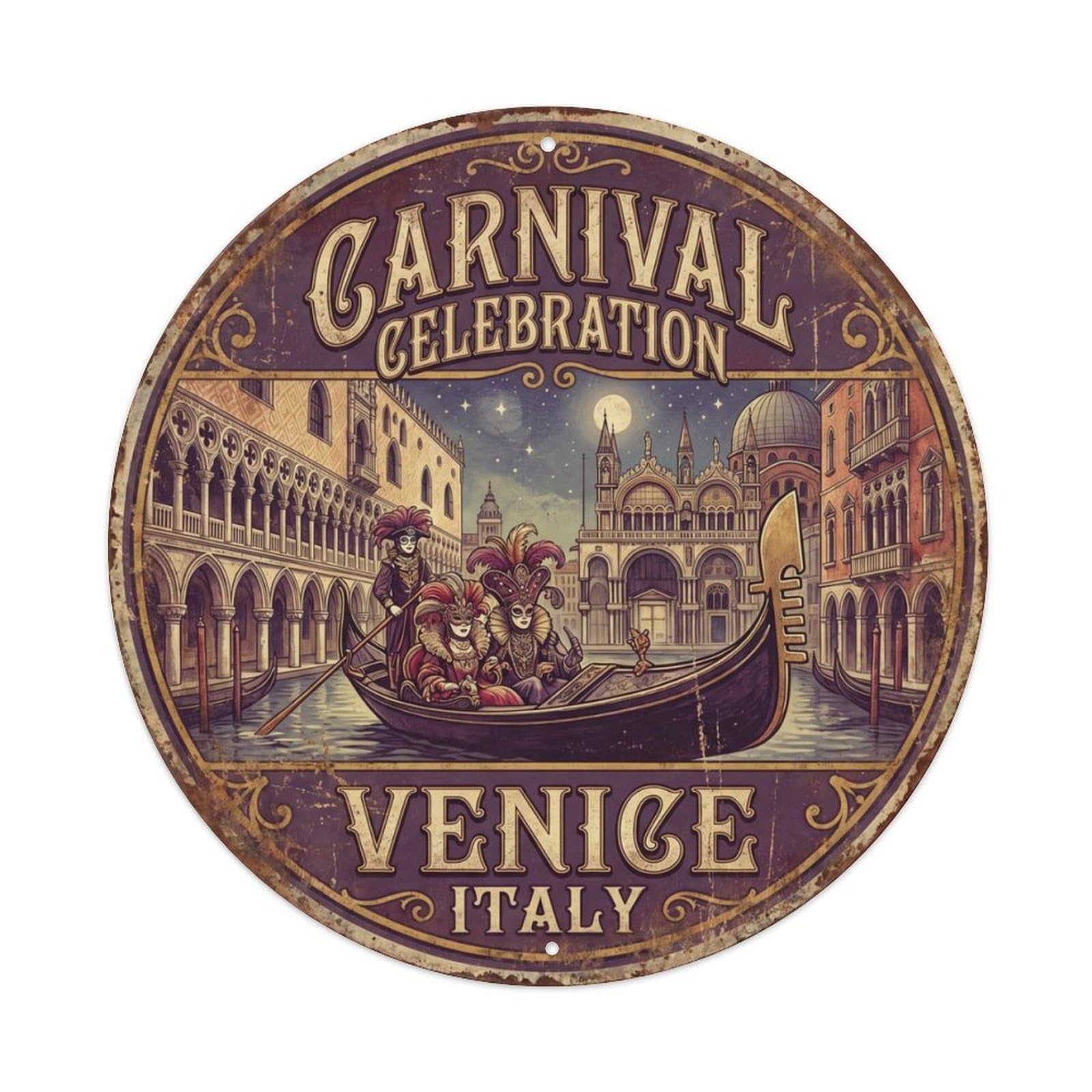 Vintage Travel Carnival Venice Italy Celebration Metal Tin Sign Plaque Wall Decor for Cafe, Club Bar, Office, Home Garden Round Metal Poster 8x8Inch