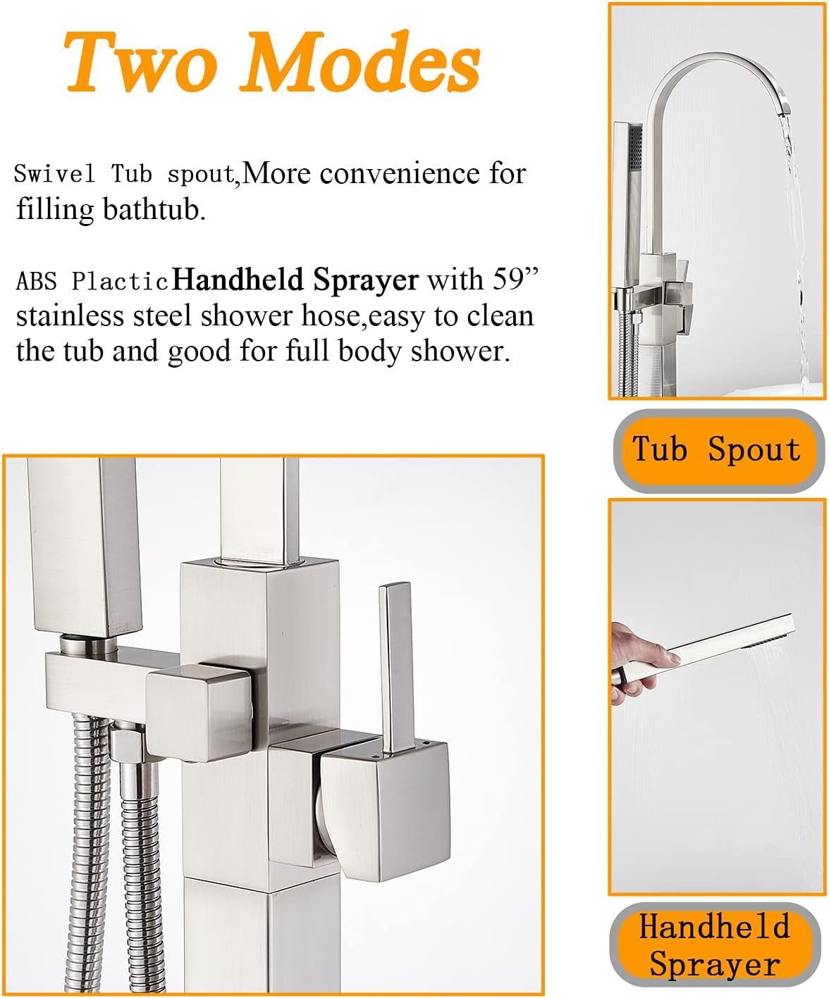 Free Shipping 🛒 Zovajonia Floor Mounted Tub Filler Shower Faucet Set Brushed Nickel Single Handle Freestanding Bathtub Faucet with Hand Sprayer