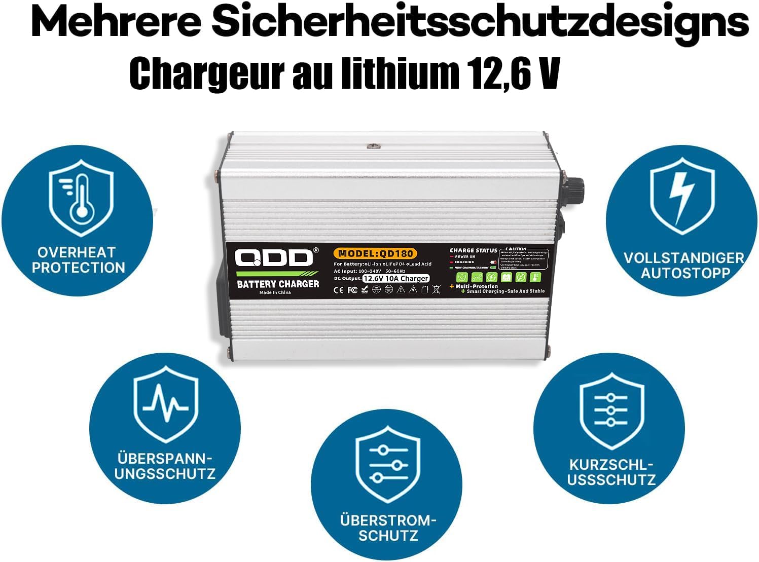 Indicateur LED et connectique du chargeur lithium 12,6 V 10 A