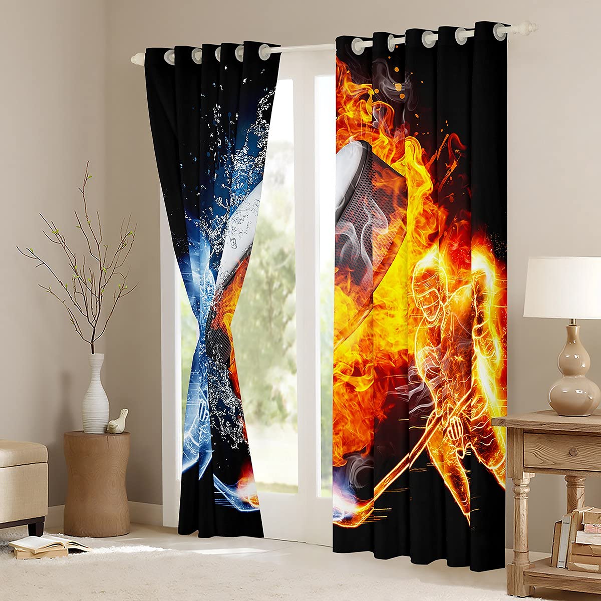 Loussiesd Eishockey Vorhänge Eishockeyspieler Blickdichte Vorhänge für Kinder Jungen Mädchen Puck Sport Thema Fenstervorhang 245x140cm Wintersport Hobby Zimmer Dekor