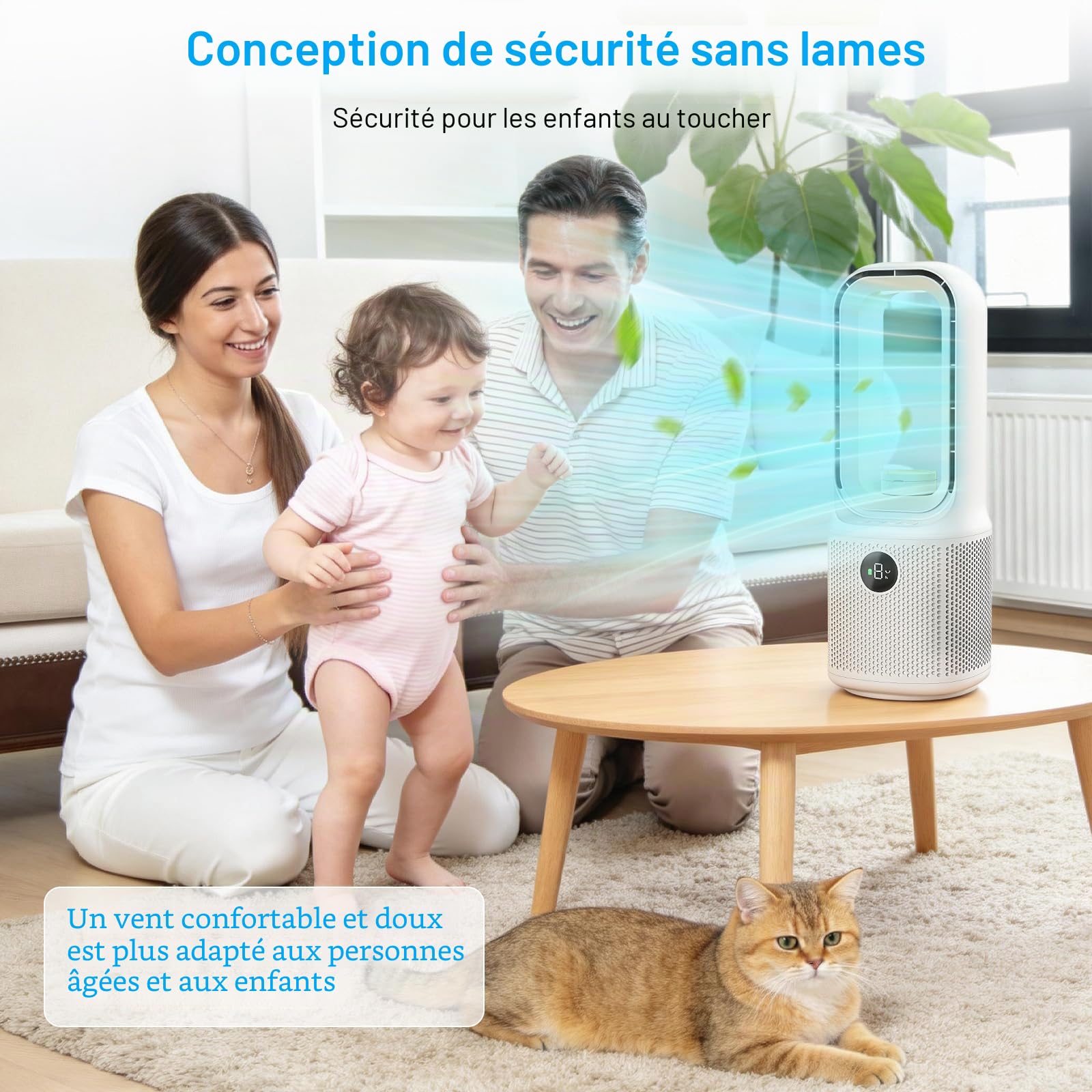 13''Ventilateur Sans Pales, 9Vitesses de Ventilation, Rotation à 60°, Veilleuse LED Tricolore à Intensité Variable&Minuterie,Fonctionnement Ultra-Silencieux, pour Chambres et aux Bureaux à Domicile