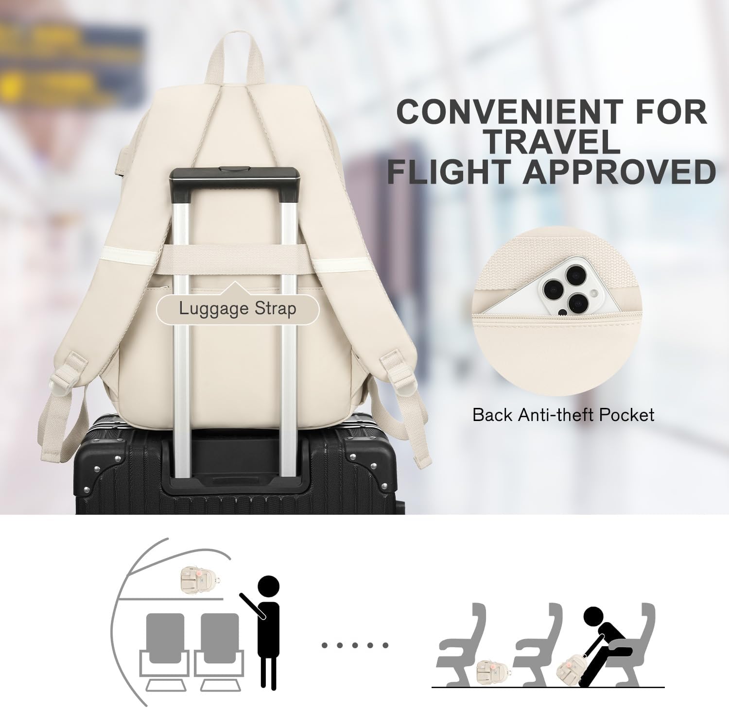 Backpack for Teen Girls, 15.6 Inch Laptop Backpack Cute Kids Bookbag for Middle School College Students, Large School Bag for Women (Beige) - Image 5