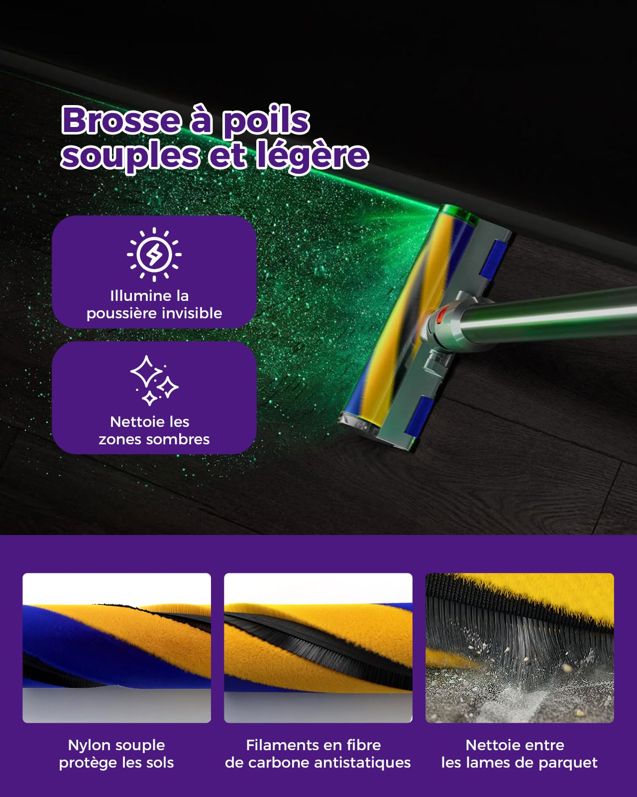 V15 Brosse remplacement,pour Dyson V7 V8 V10 V11 V15, Brosse LED éclairée à lumière verte, Embout de sol anti-ennœudage pour sols durs, Brosse & accessoire de Accessoires pour Dyson