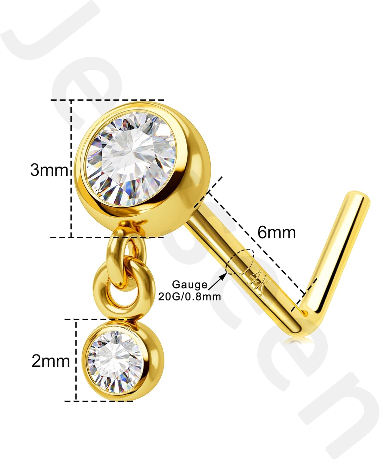 Jewseen 14K Gold Nose Rings 20g L Shaped Nose Stud Dangle Cubic Zirconia Nose Piercing Jewelry for Women Men
