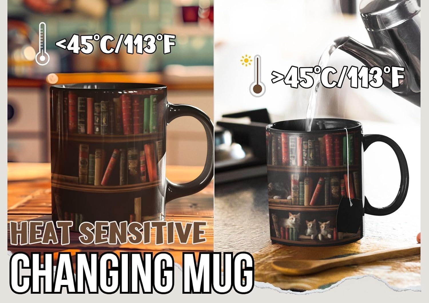 Onebttl Cat Gifts Coffee Mug, Heat Sensitive Magic Mug for Book Lovers, Friends on Birthday, Christmas, Funny Bookish gifts, 12oz