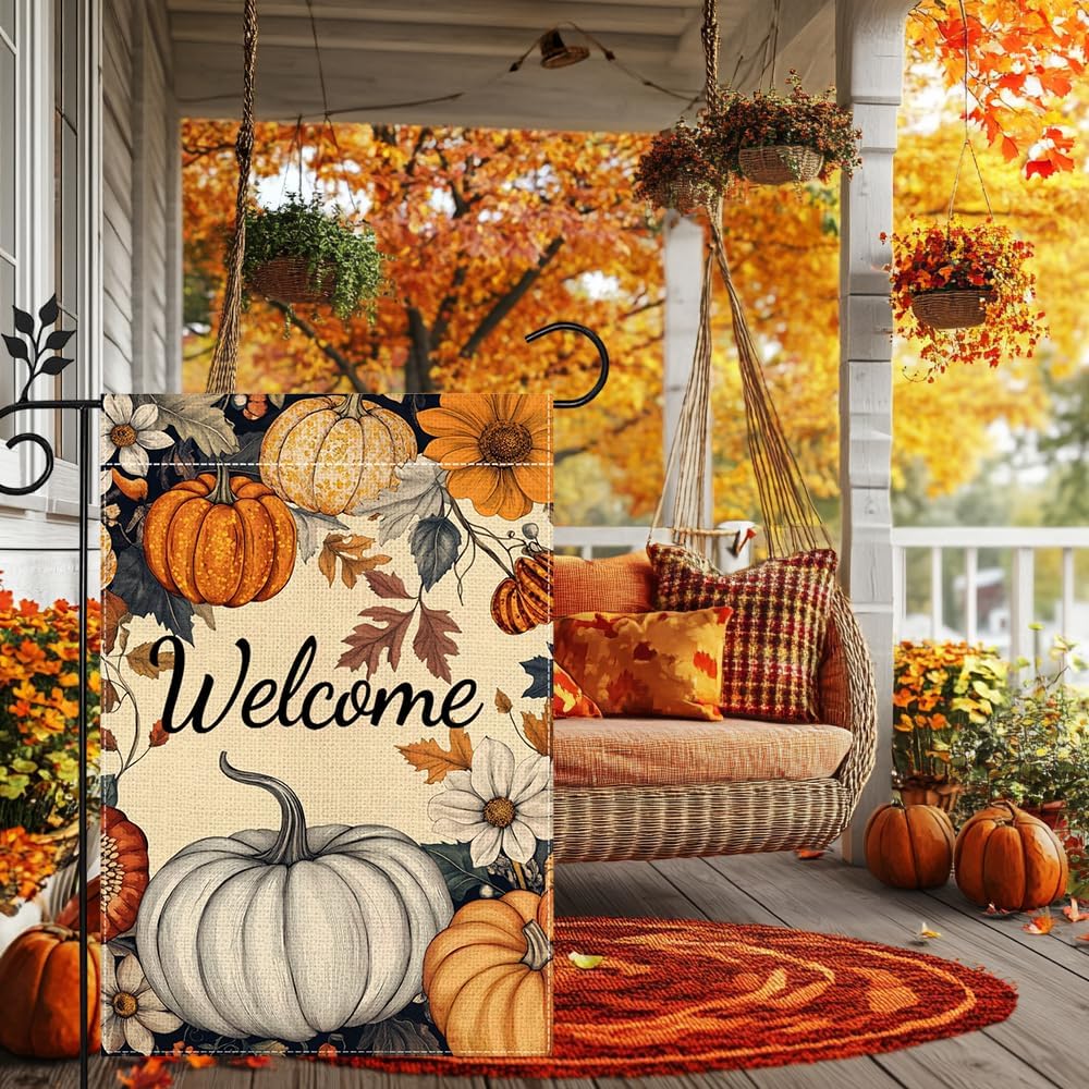 Fall Pumpkin Welcome Garden Flag for Outside 12x18 Inch Double Sided Burlap Autumn Thanksgiving Leaves Flowers Farmhouse Holiday Rustic Outdoor Yard Flag Home Decorations - Image 4