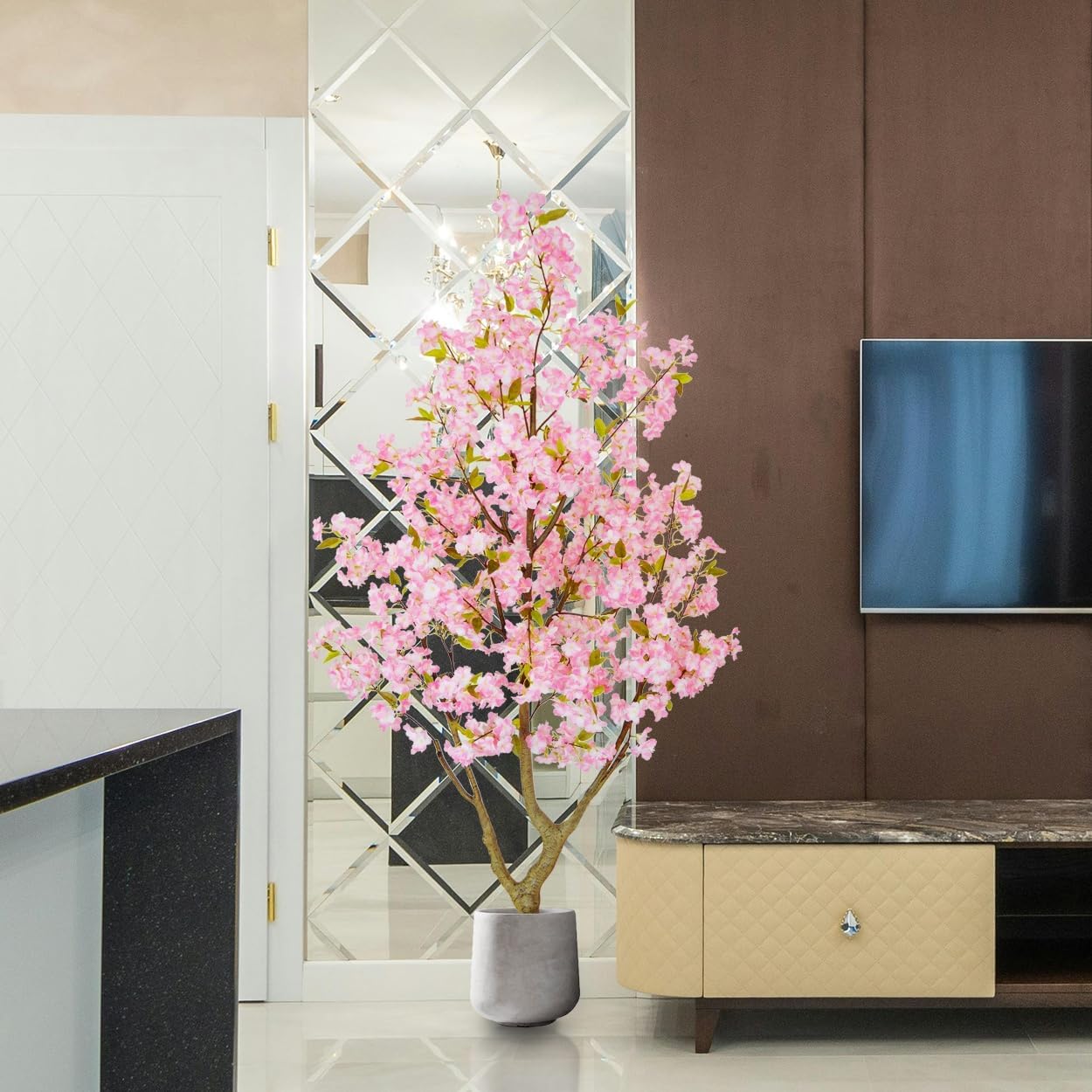 Warmplants 6ft Artificial Cherry Blossom Tree, Fake Sakura Pink Flower Plant in White Planter, Faux Blooming Trees for Home Office Wedding Entryway Décor