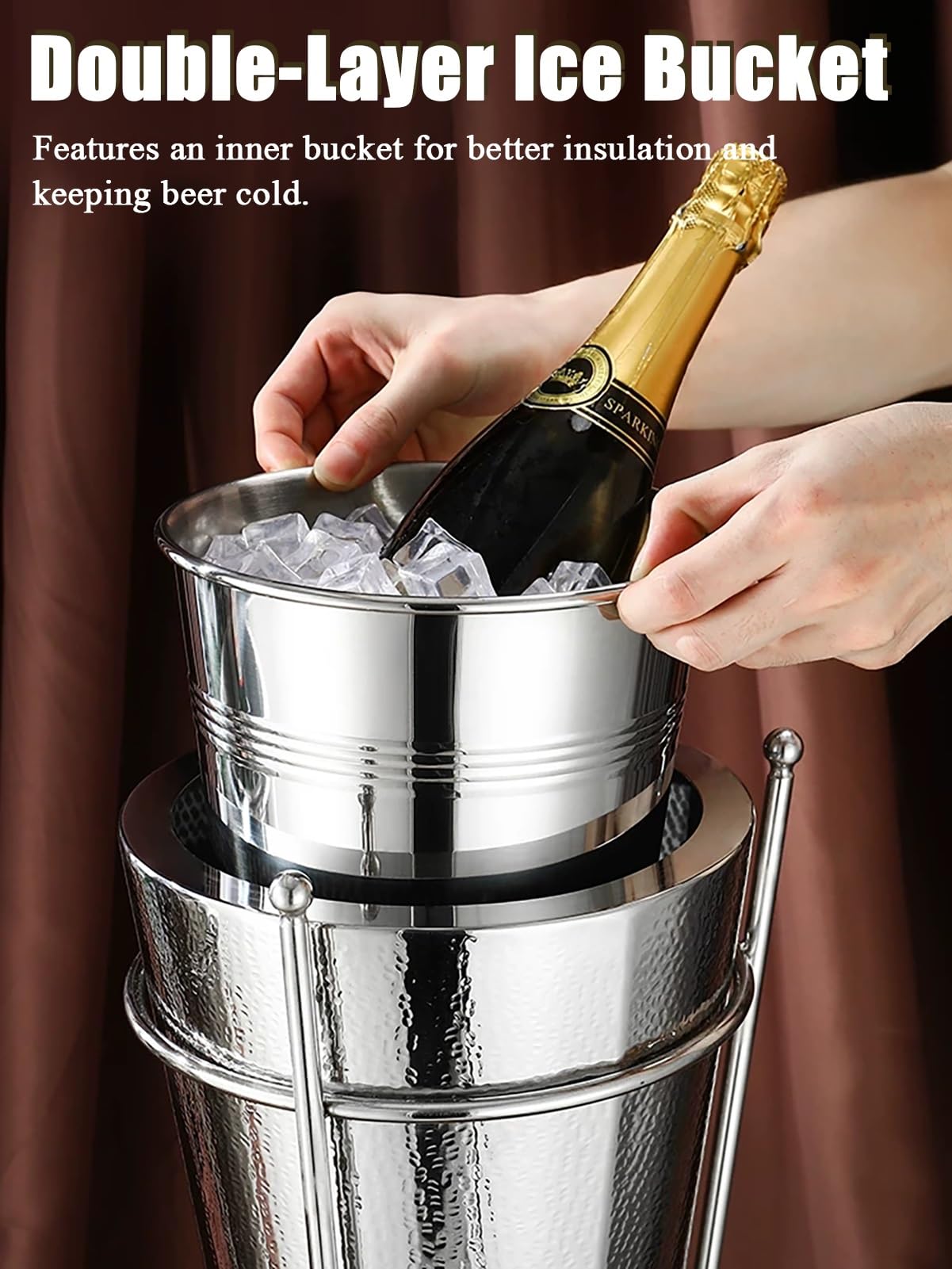 Bañera plateada de acero inoxidable con soporte, elegante cubo de hielo para champán y vino, enfriador grande de hielo martillado de pie para reuniones