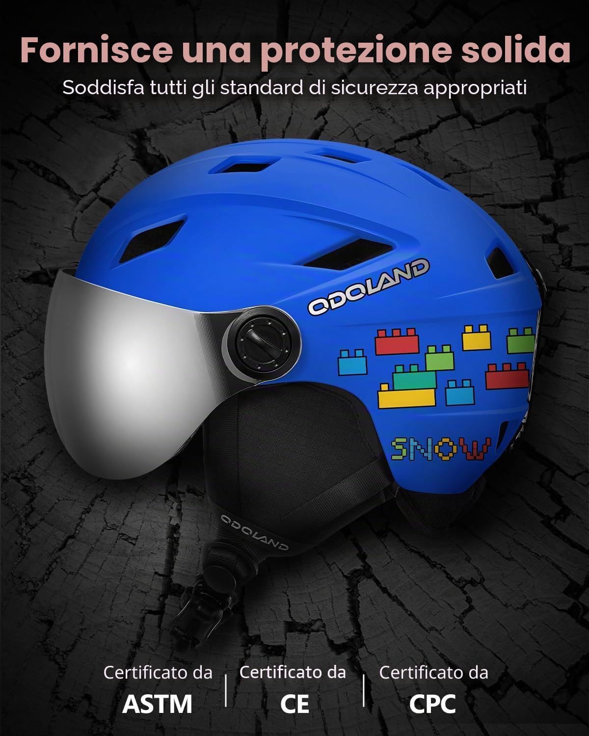 Odoland Casco da Sci per Bambini con Visiera per Ragazzi e Ragazze, Casco da Sci Regolabile con Cinturino con Fibbia Magnetica per Bambini dai 3 ai 12 Anni