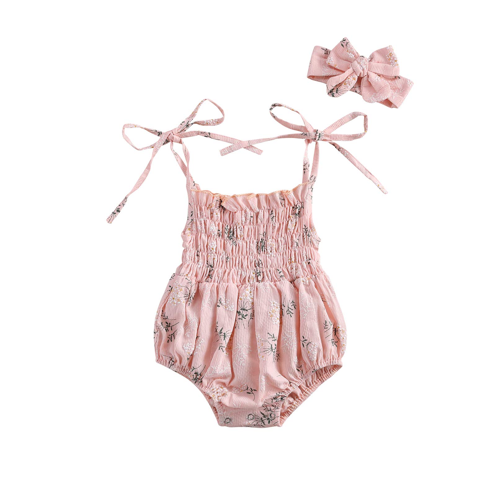 Newborn Baby Girl Daisy Lace Floral Ruffle Romper Bodysuit Sleeeless Square Collar Summer Outfits (H Pink Flower, 6-12 Months)