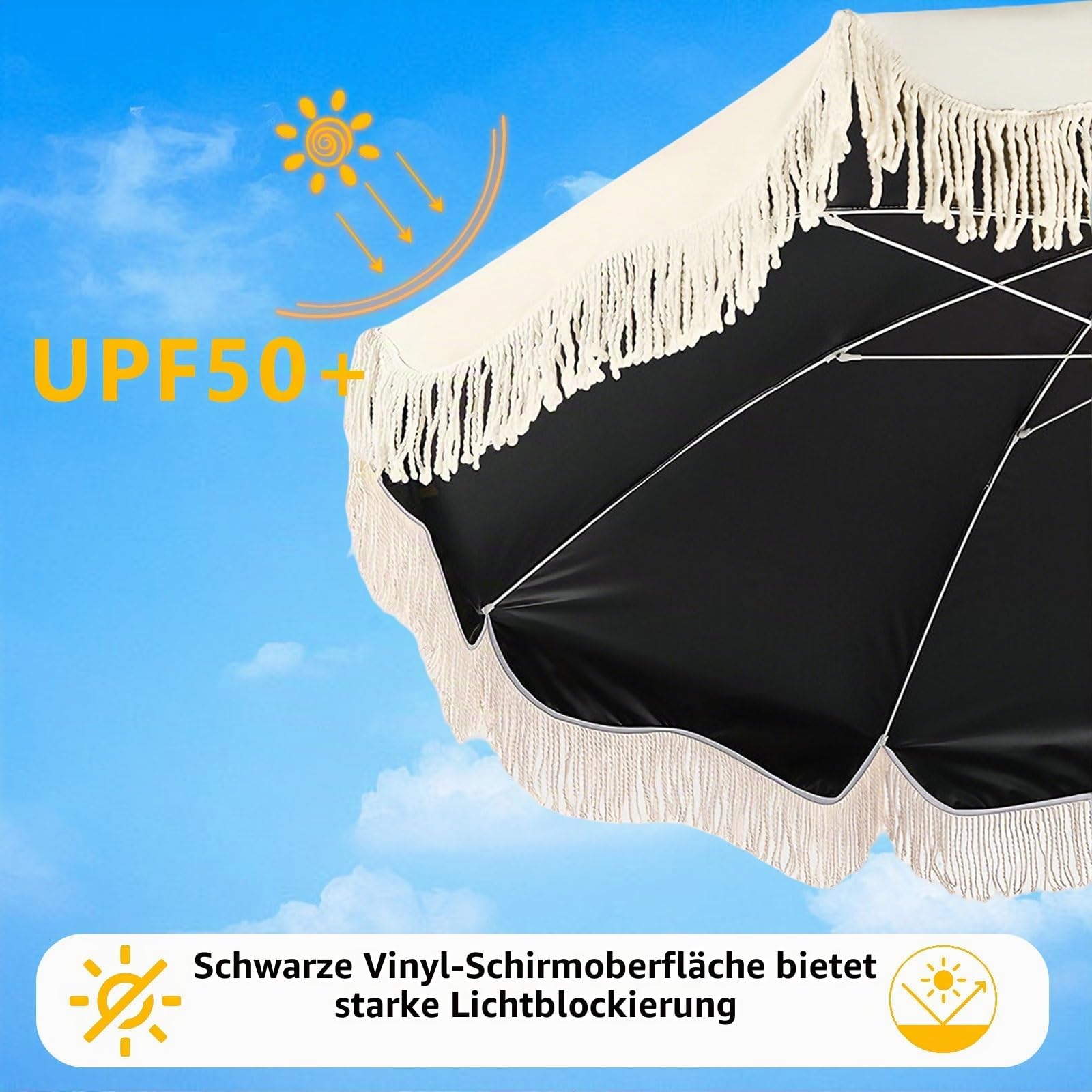 Sonnenschirm 150cm Boho Chic Mit Fransen, Strandschirm Vintage UPF 50+ UV-Schutz & Hitzeschutz, Tragbar Für Garten, Balkon, Terrasse, Pool & Camping, Wasserfest, Beige