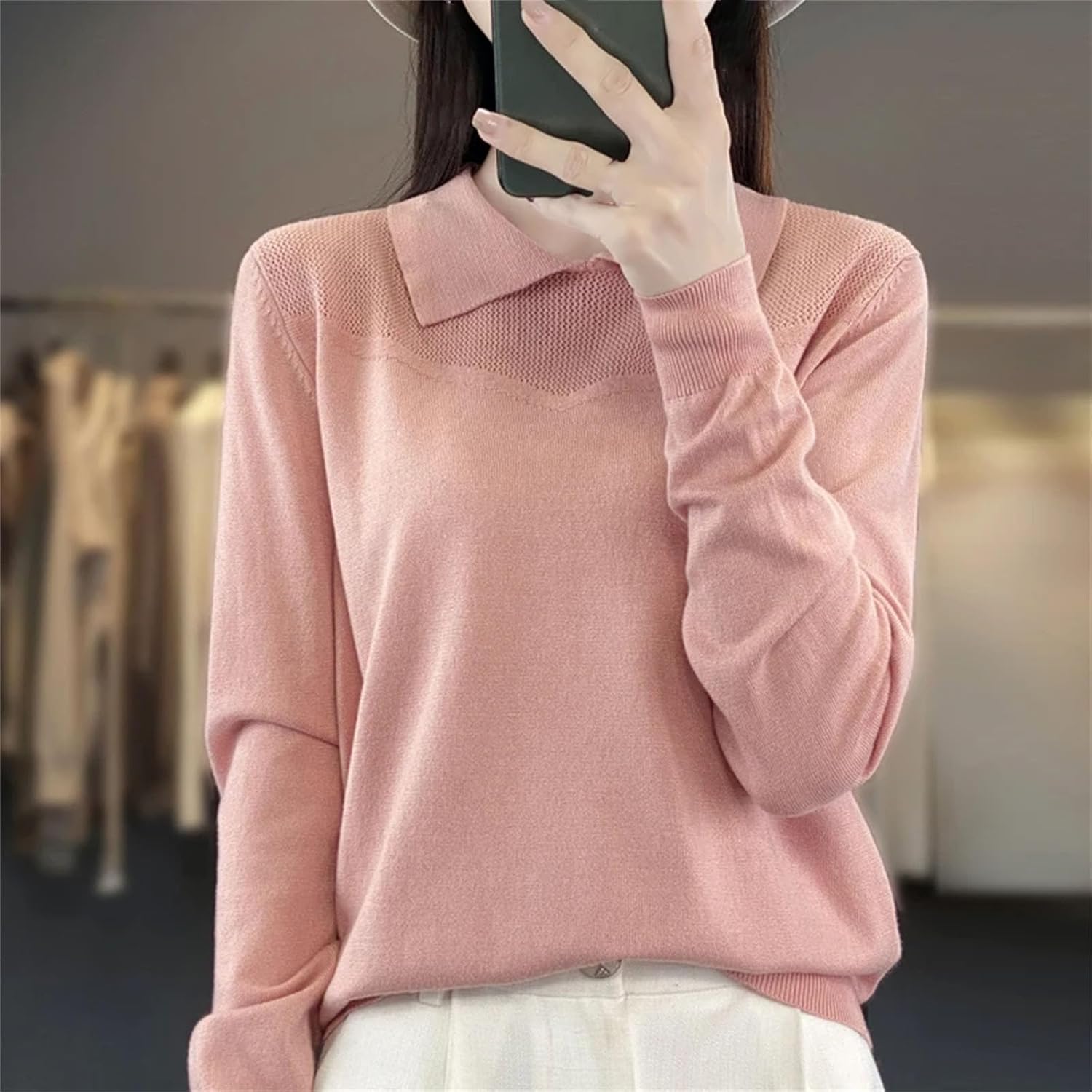 Women's Knitted Collared Sweaters Long Sleeve V-Neck Polo Shirts Winter Pullover Tops