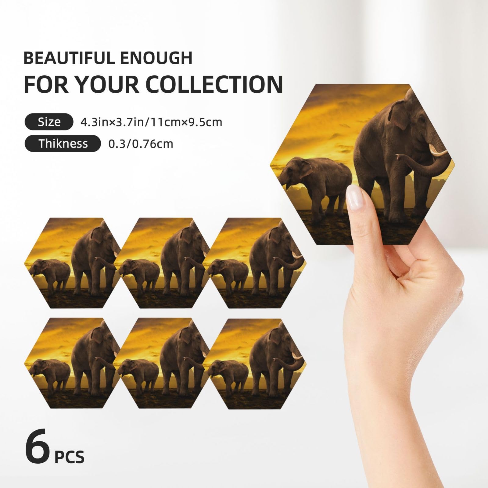 Set di 6 sottobicchieri in ceramica con stampa di elefanti al tramonto, accessori eleganti per la cucina e la casa