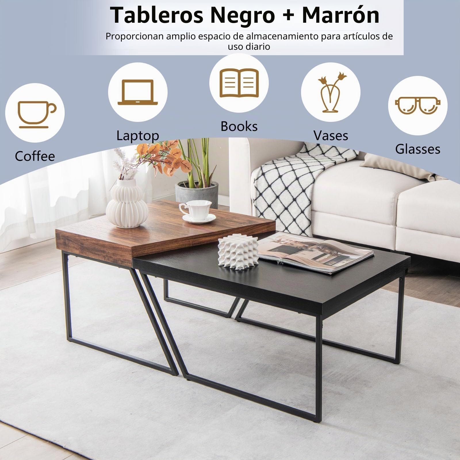 LIFEZEAL Juego de 2 Mesas de Centro Nido Rectangulares | Estilo Industrial de Madera y Metal, 120 x 60 x 46cm, para Sala de Estar, Marrón y Negro