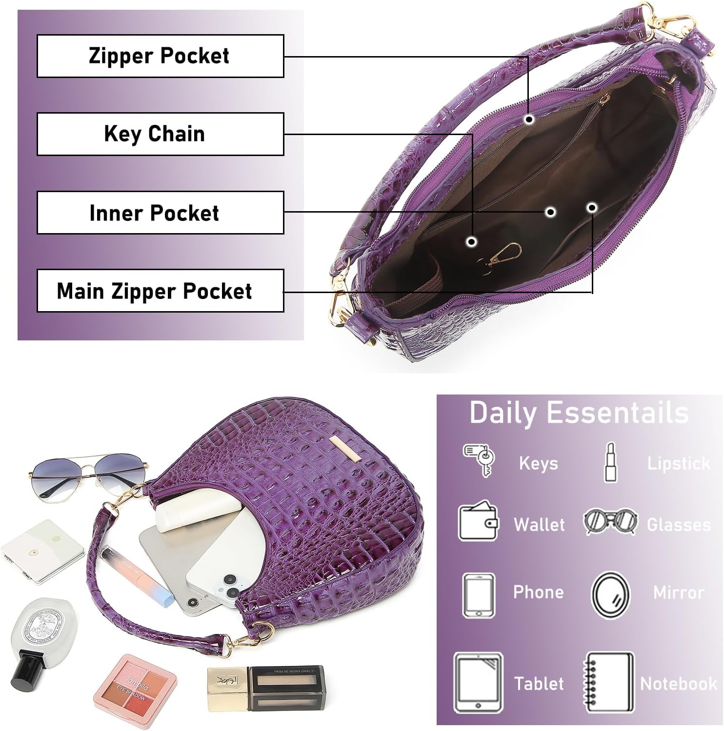 Crocodile Hobo Bag for Women,Vintage Crescent Shoulder Purse in Vegan Leather, Soft Chic Clutch Handbag for Daily Outfits - Image 5