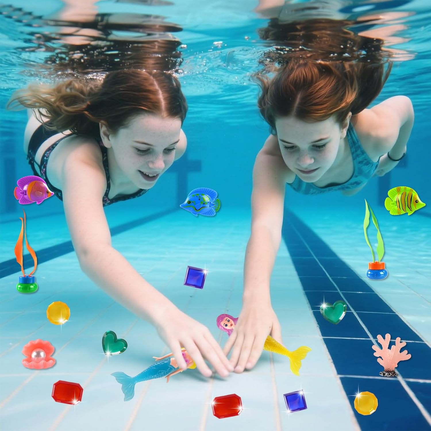 Diving Pool Toys for Kids Ages 4-12, 27 Pcs Mermaid Pool Toys with Gem Pirate Treasure and Chestand Storage Bag, Swimming Training Game Toy Summer Beach Party Gifts for Boys Girls Toddlers