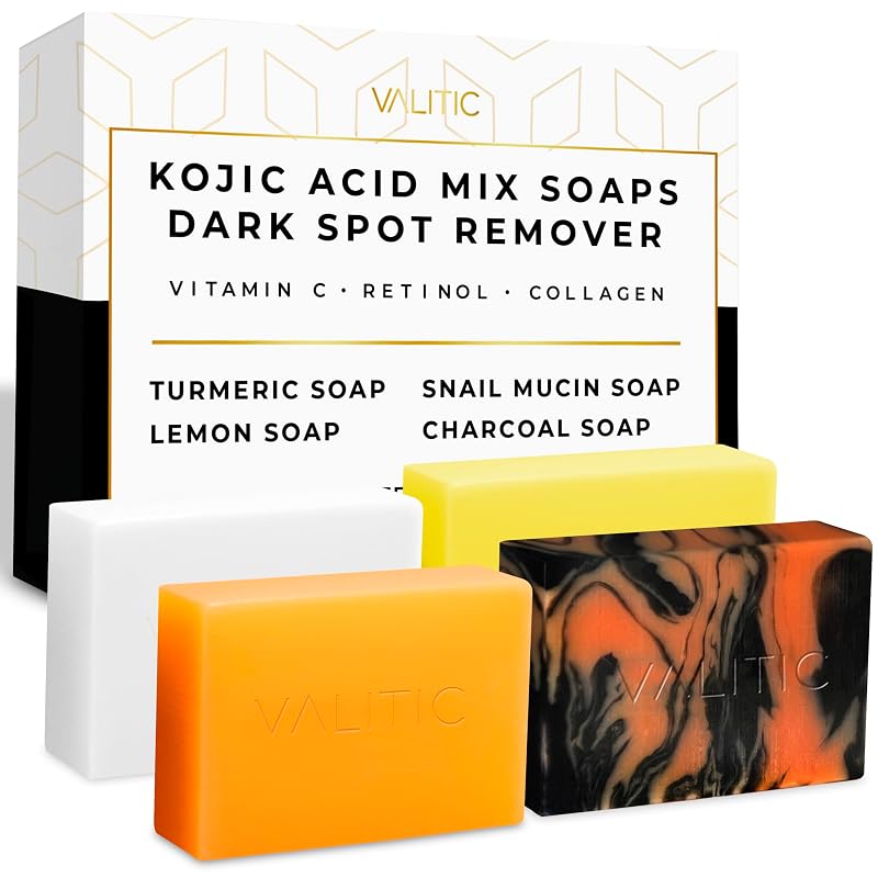 VALITIC Conjunto com 4 barras de sabonete com ácido kójico, cúrcuma, mucina de caracol, carvão e limão