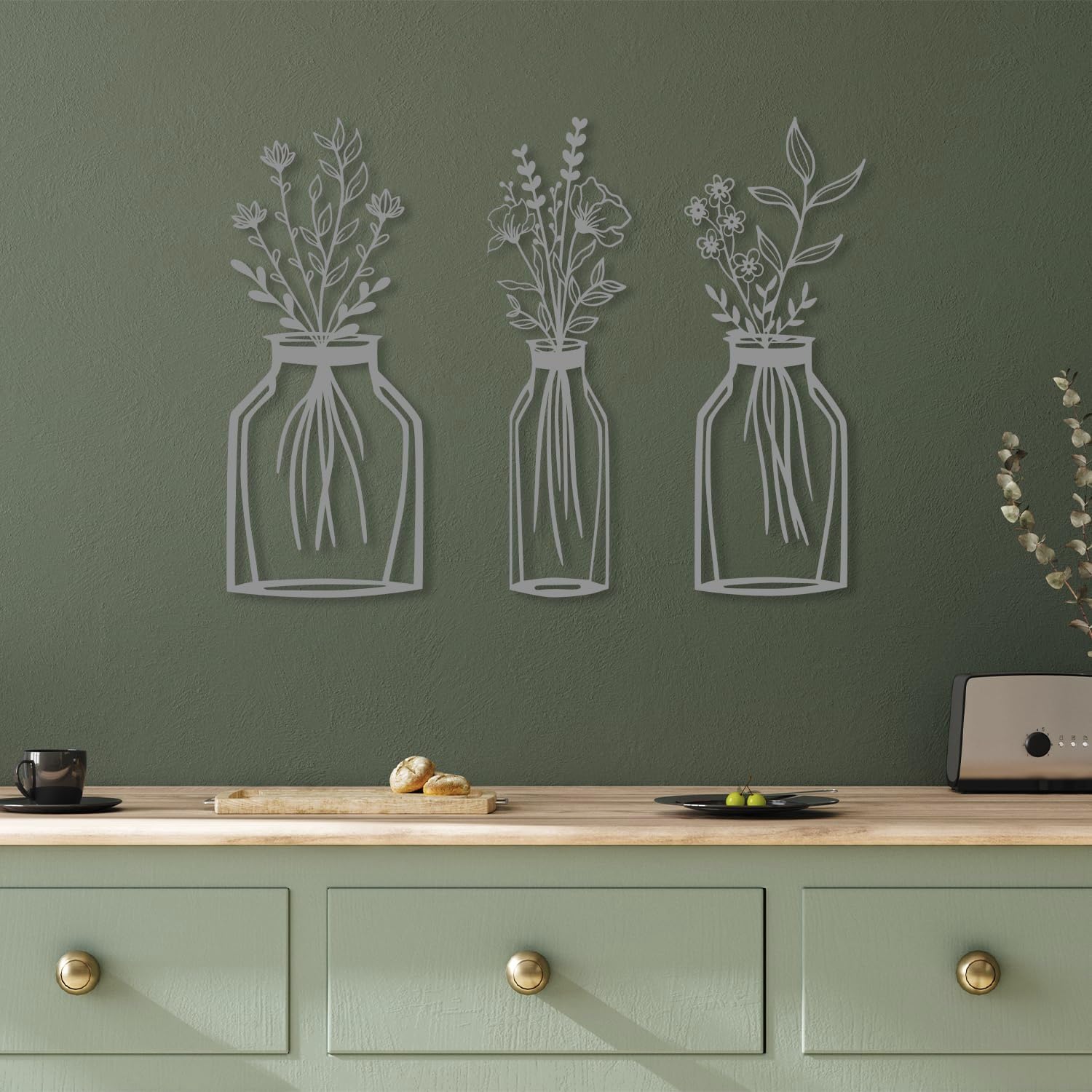 Spring Metal Wall Decor Set of 3, Unique Design Vase Art, Modern Kitchen & Home Decor, Wall Decor for Living Room, Minimalist Flower Hanging, Boho Decor, Housewarming Gift
