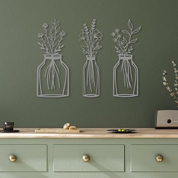 DecoSoul Spring Metal Wall Decor Set of 3 - Unique Flower Vase Art, Modern Kitchen Home Decor for Living Room, Minimalist Hanging, Housewarming Gift Silver, 19.7" x 26.5" / 50x67 cm