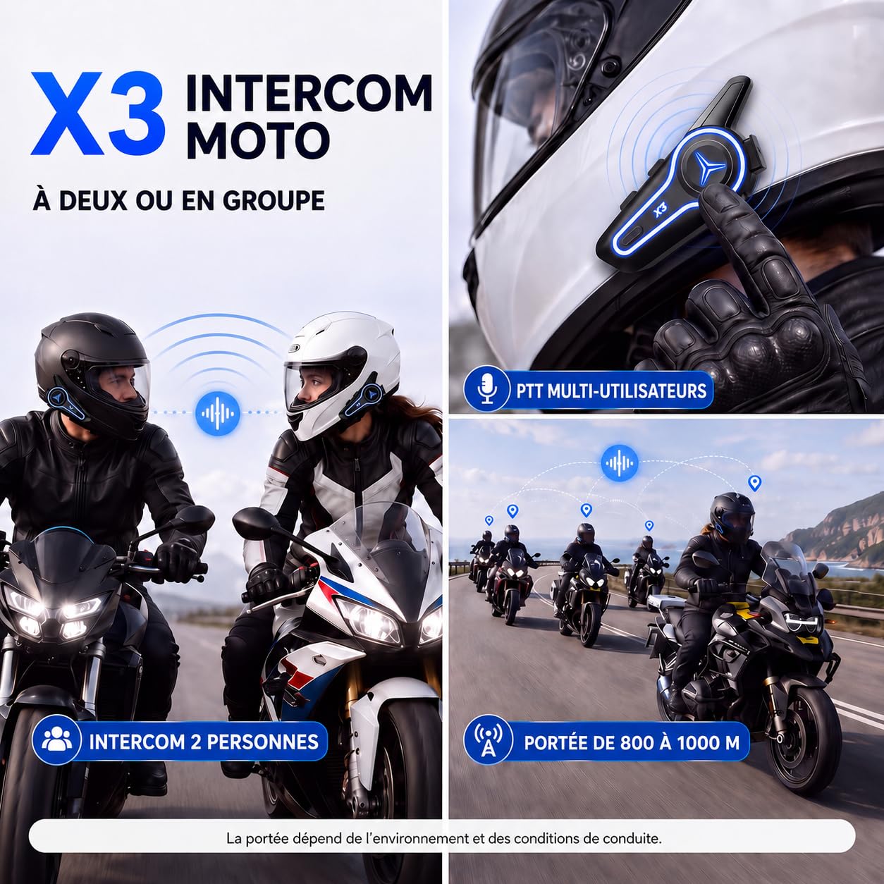 X3 Intercom Moto Bluetooth, 1000 m, Compatible Autres Intercoms