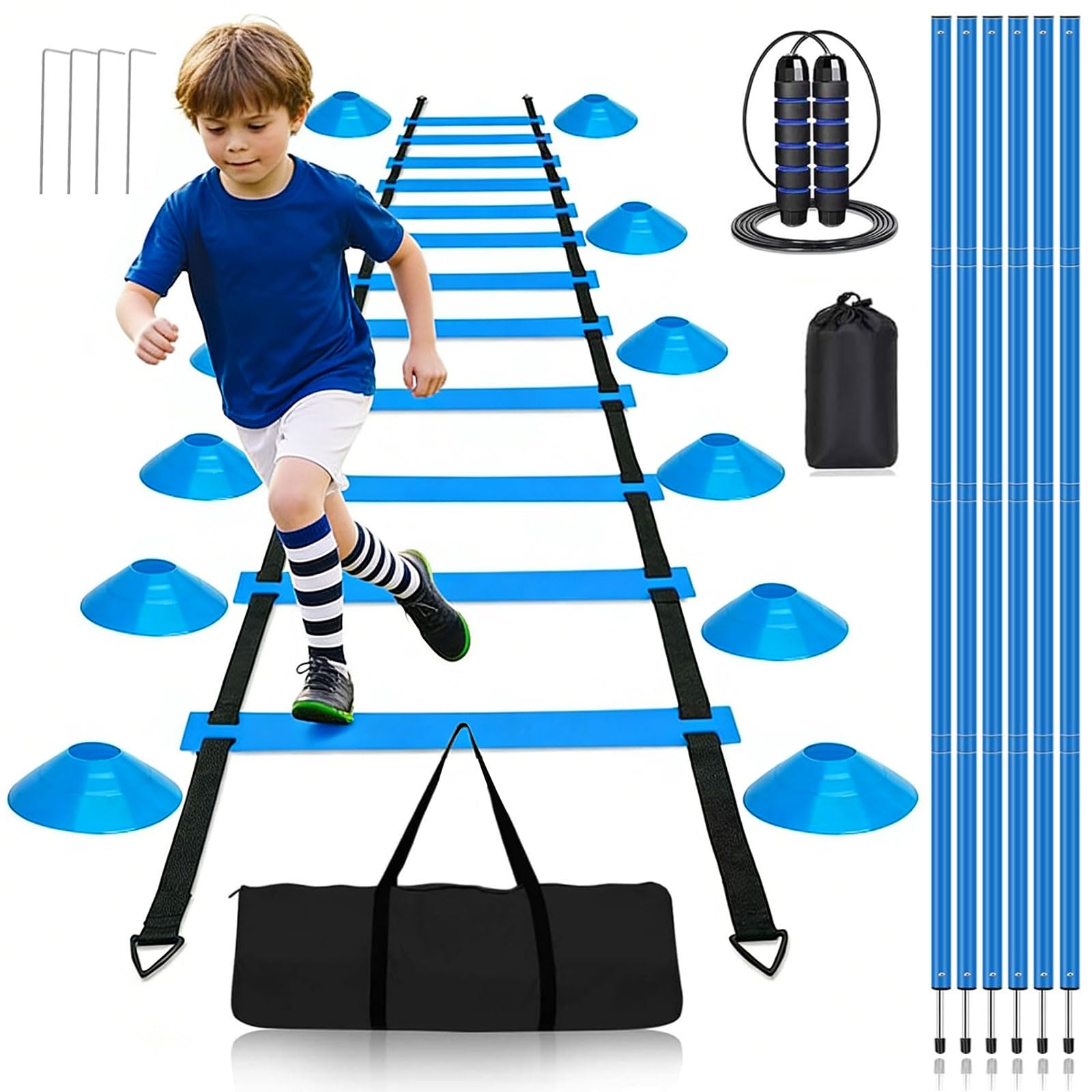 Barres de slalom - Accessoires d'entraînement de football - Kit d'entraînement de football avec 6 pôles slalom, échelle de coordination 6 m, 12 cônes, corde à sauter et parachute de