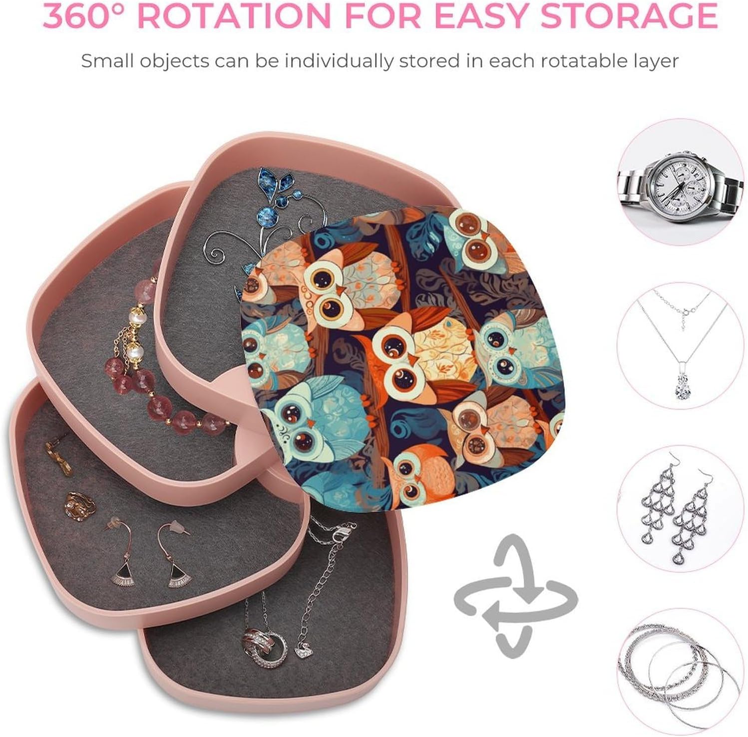 Anime Owl Jewelry Box 4-Layer Rotating Jewelry Box Portabl Jewelry Organizer Earring Storage Box for Bracelets Rings Stud Earrings Necklaces Small Watches image 4