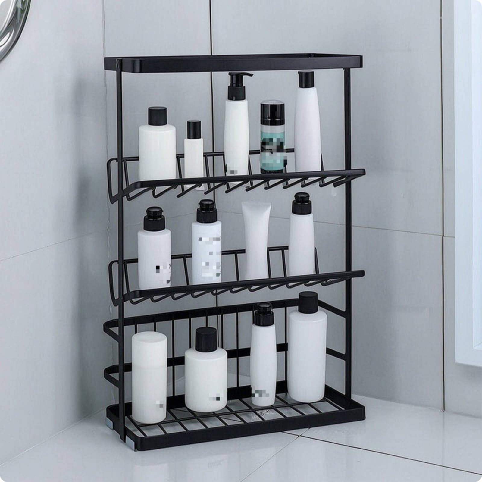 Mensola Bagno Scaffale Ripiano Portasapone Portautensili con Design Aperto a 3 Ripiani Inclinati Finitura Antiruggine Struttura da Pavimento Adatta per Bagno Casa Vacanza Pensione, Nero