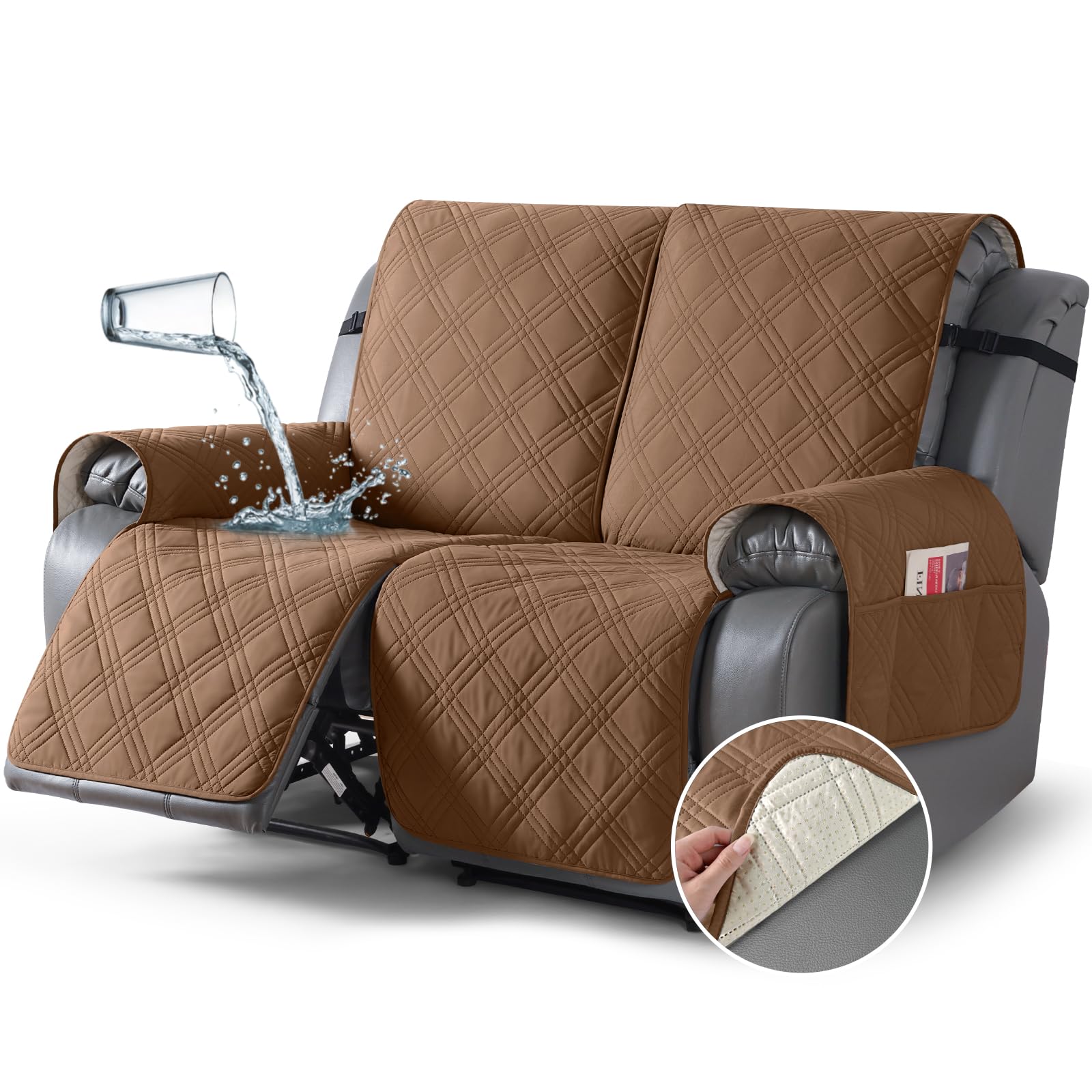 TAOCOCO 100% Waterproof Loveseat Recliner Cover, Non Slip Split Recliner Couch Cover with Elastic Straps, Washable Reclining Sofa Cover Furniture Protector for Kids, Pets(2 Seater, Brown)