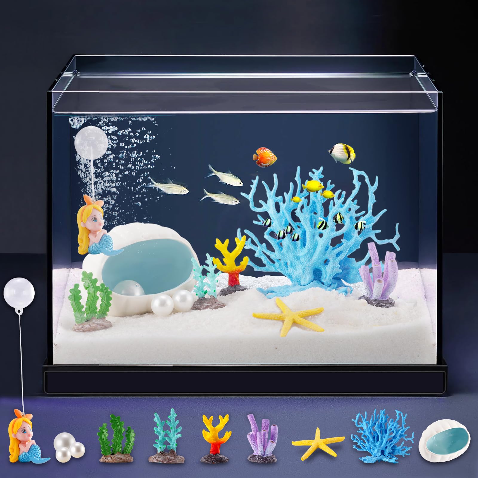 Yawkey Juego de decoración de acuario: corales vibrantes, estrellas de mar, conchas con perlas y figuras de sirena: solución única de paisajismo acuático para una escena submarina mágica (azul)