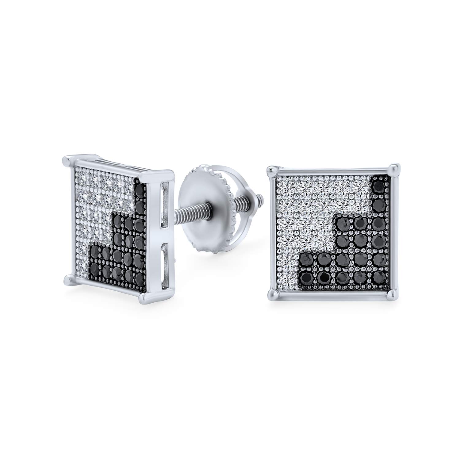 Pendientes de botón de plata de ley con diseño geométrico de dos tonos en negro o azul y blanco con zigzag y micro pavé de circonita cúbica CZ para hombres.