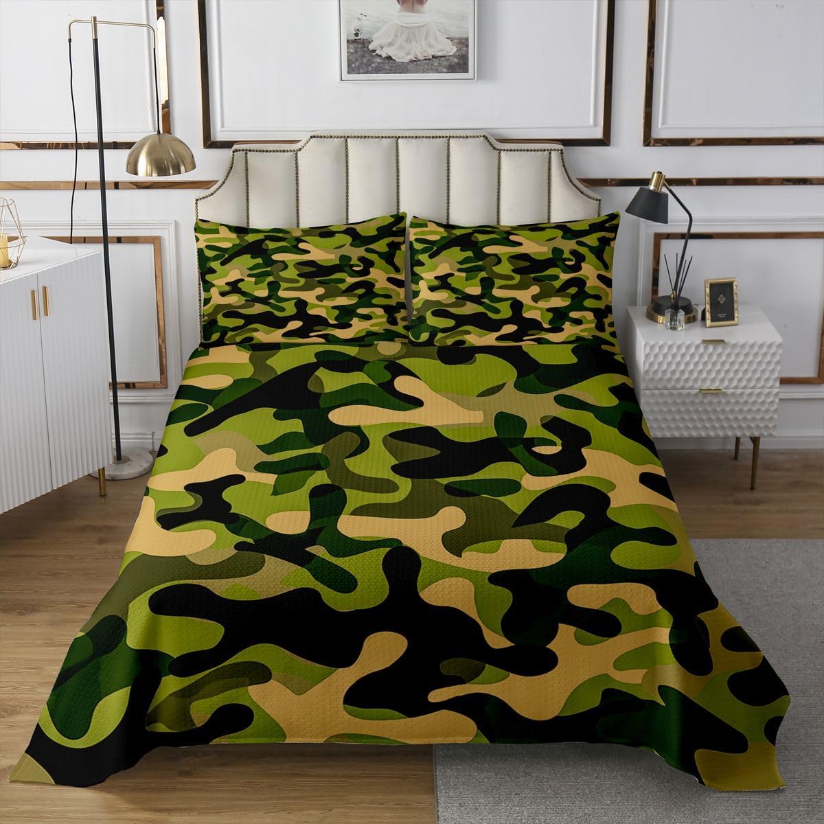 jejeloiu Camouflage Bedspread Quilts Tree Leaves Printed Coverlet Set Queen Size for Kids Boys Girls Gray Camo Quilted Coverlet for All Season with 2 Pillowcases Farmhouse Microfiber