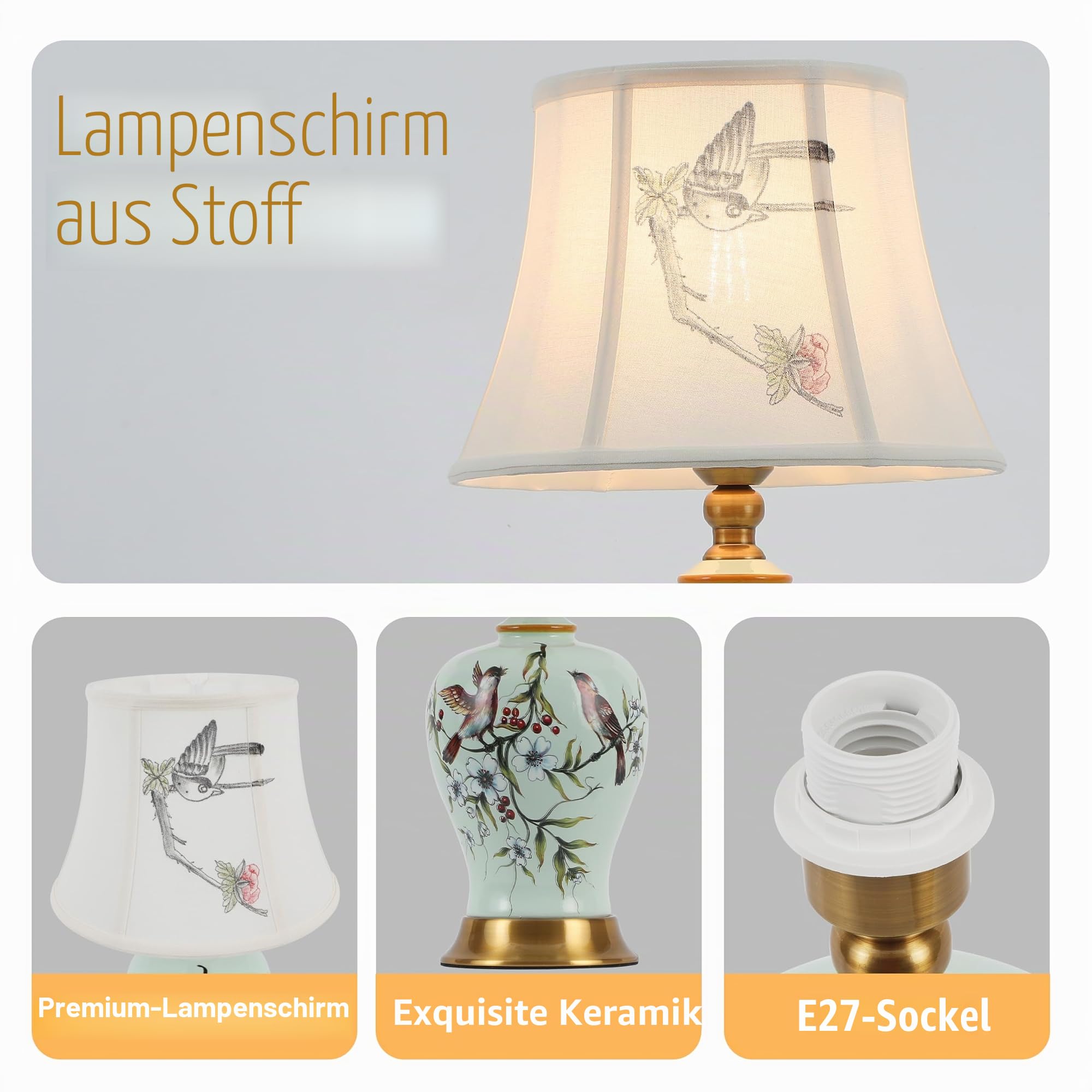 Tischlampe Retro Keramik, Stoff-Nachttischlampe, Vintage-Leselampe für das Schlafzimmer, weißer Lampenschirm, Schreibtischlampe im modernen Stil, E27-Nachttischlampe für Hotel,Wohnzimmer(H 52CM)
