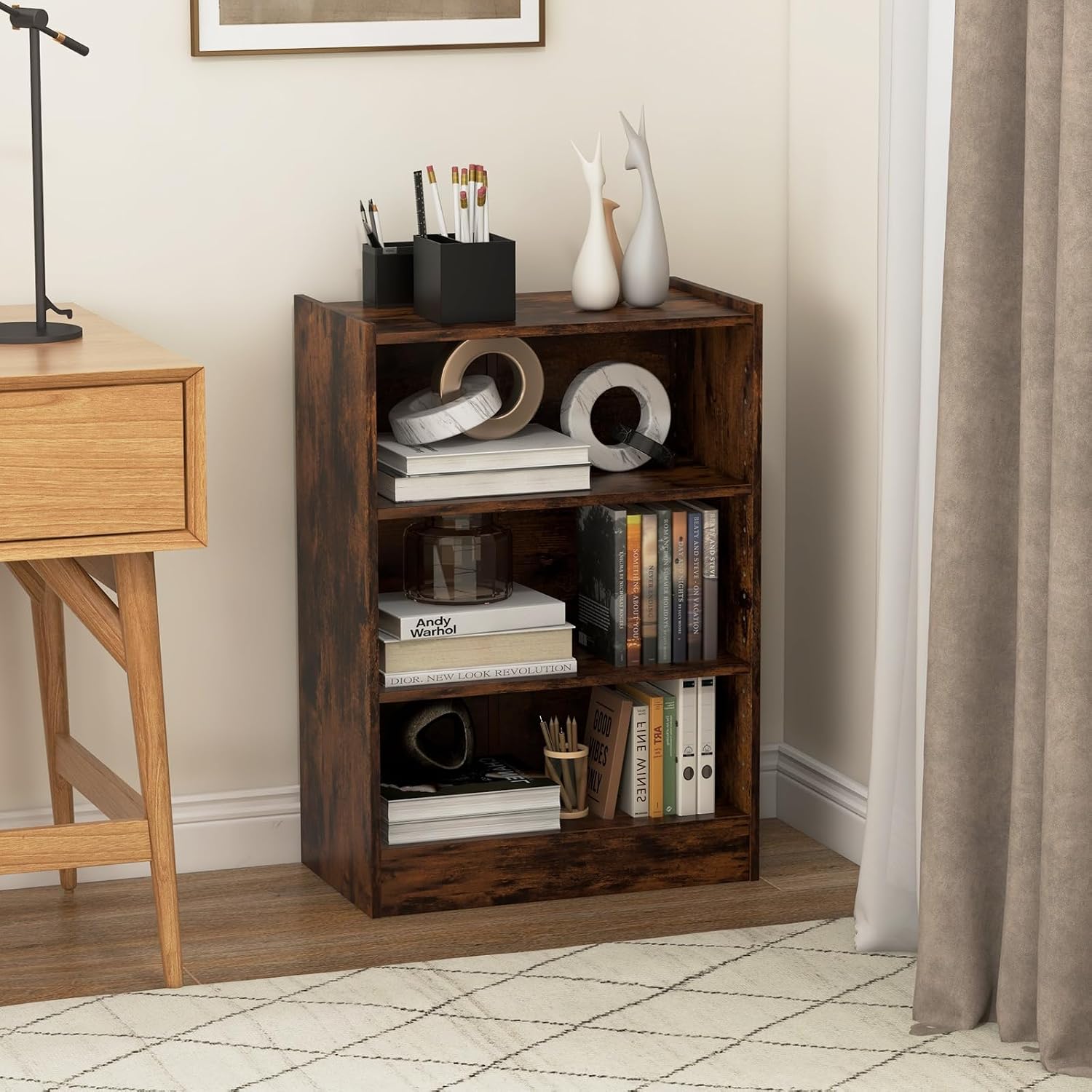 LOKO 3-Tier Open Bookcase, Modern 3-Cube Bookshelf with 18-Position Adjustable Shelves & Anti-toppling Devices, Multipurpose Cubical Display Storage Organizer for Living Room Study (1, Rustic Brown)