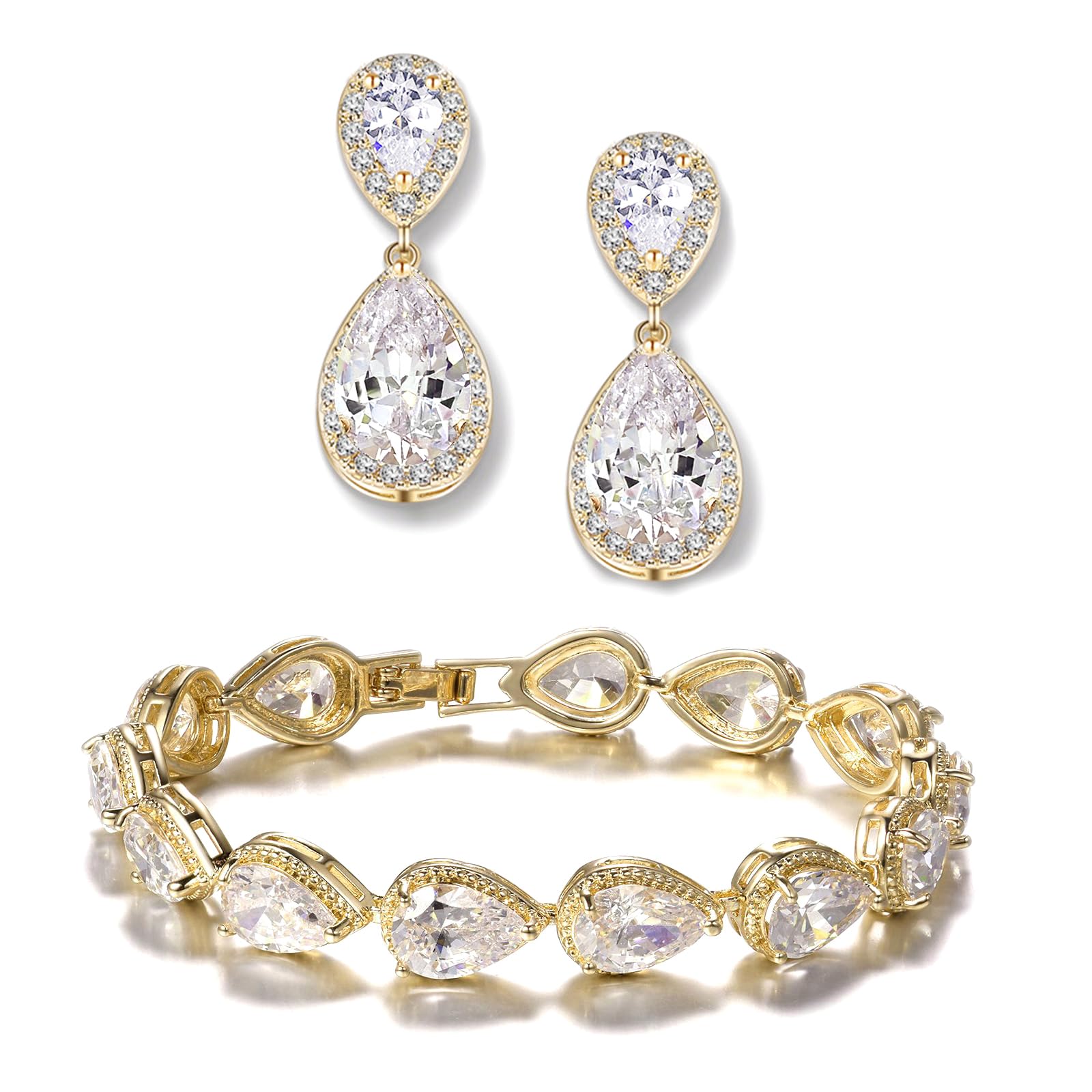 UDYLGOON Teardrop Earrings & Bracelet Set, Gold Plated Wedding Jewelry Set for Bride Bridesmaid, Women's Party Prom Gift