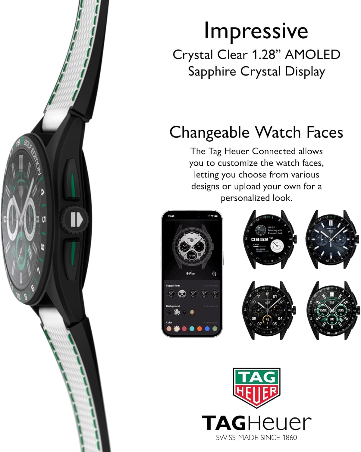 TAG Heuer Connected Calibre E4 smartwatch with various customizable watch faces displayed on a smartphone app, showing options for different styles and complications.