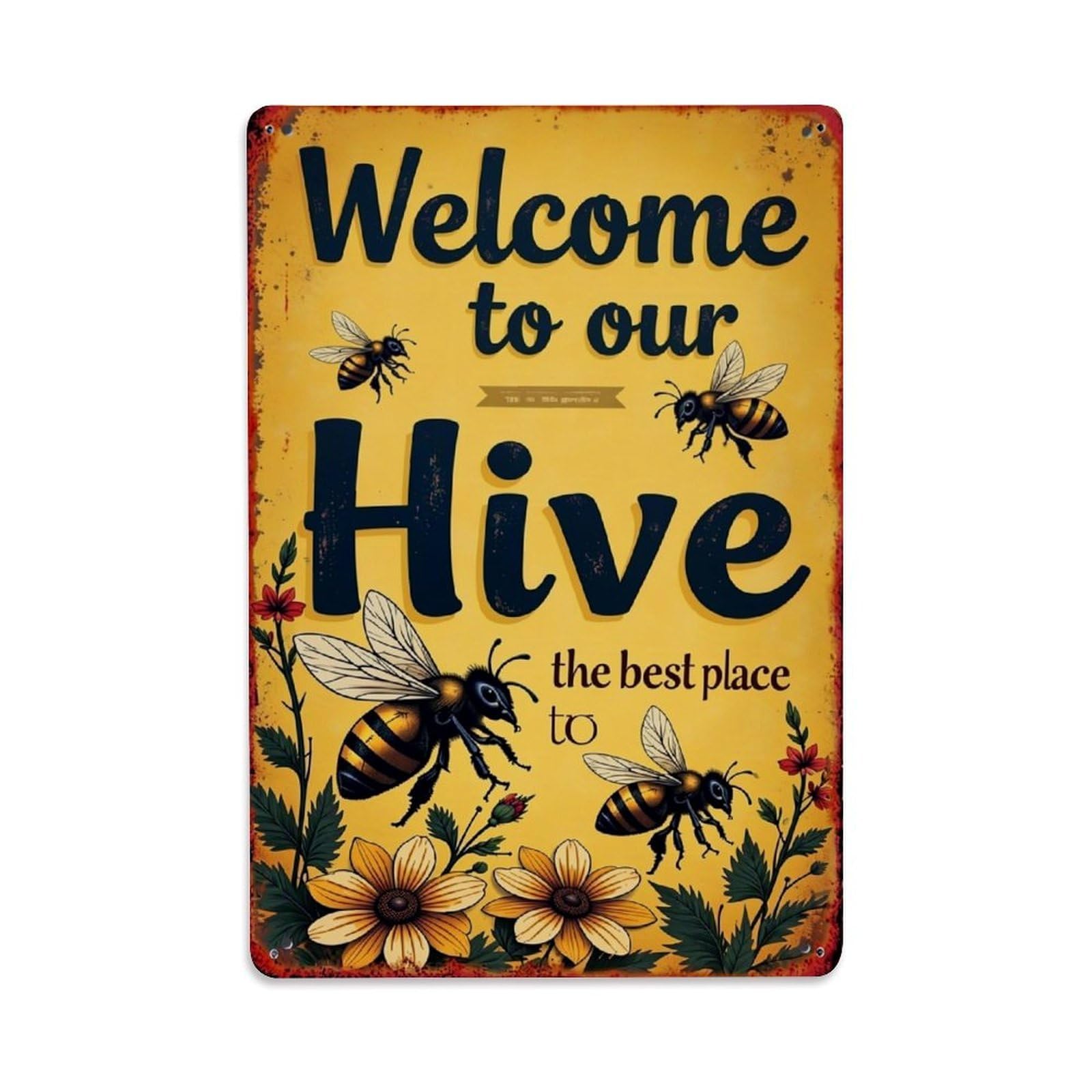 Jdyaojiesheng Vintage Bee Hive Welcome Sign Art Tin Sign Retro Metal Wall Decor Metal Poster, Home Bar Garage Farmhouse Cafe Wall Art Decoration 8X12inches