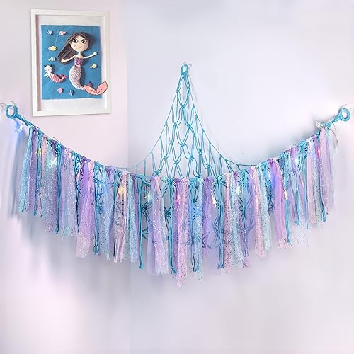 ELTNEGSA Red de animales de peluche o hamaca con luz LED y borlas de encaje coloridas, almacenamiento de animales de peluche para decoración de