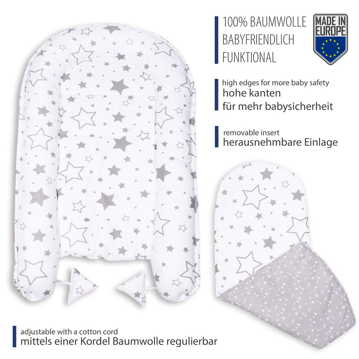 PaLulli Babynest - Cuscino multifunzionale con morbido materasso aggiuntivo, in cocco, paracolpi, lettino da viaggio per neonato, 100% cotone OEKO-TEX, prodotto nell'UE (verde menta II)
