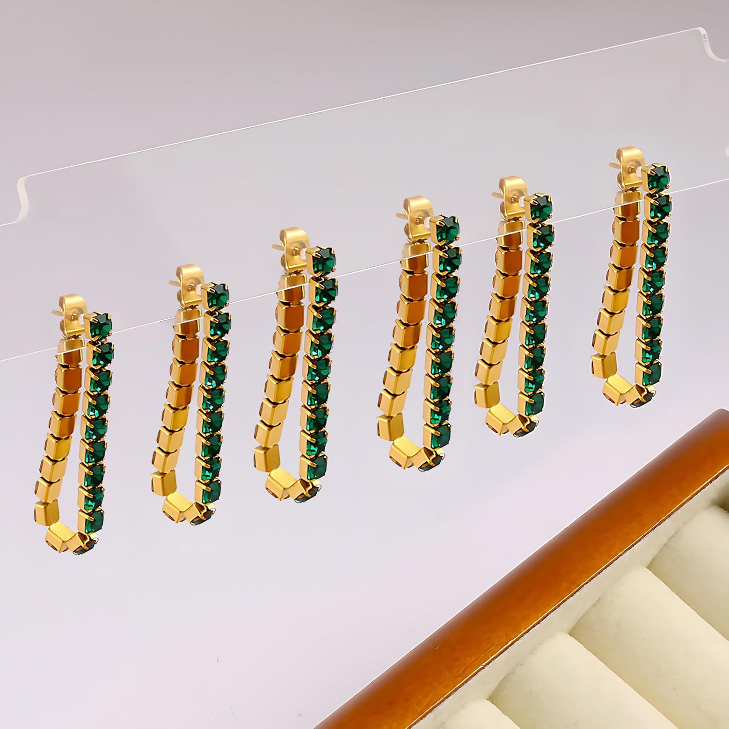 Gold Geometric Drop Earrings for Women, Green Crystal Square Hoop Earrings, Trendy Statement Jewelry Gift - Image 4