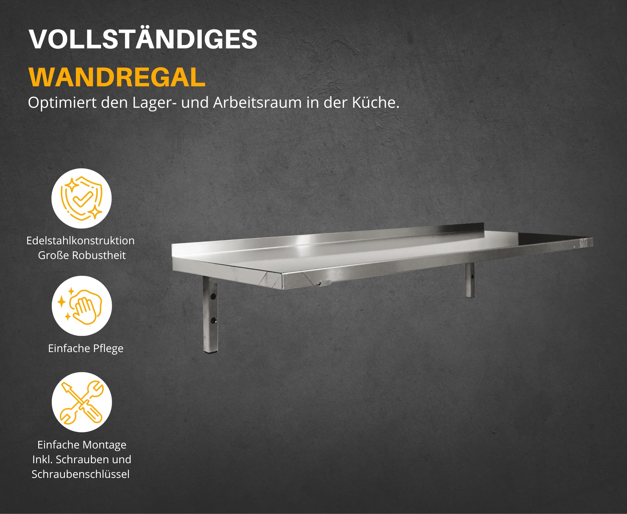 L2G - Wandregal - Edelstahlkonstruktion - Aufkantung 30 mm - Geschweißte Halterung aus Rohrstahl 25 x 25 mm - L.1200 x B.300 mm - Gesamthöhe 250 mm