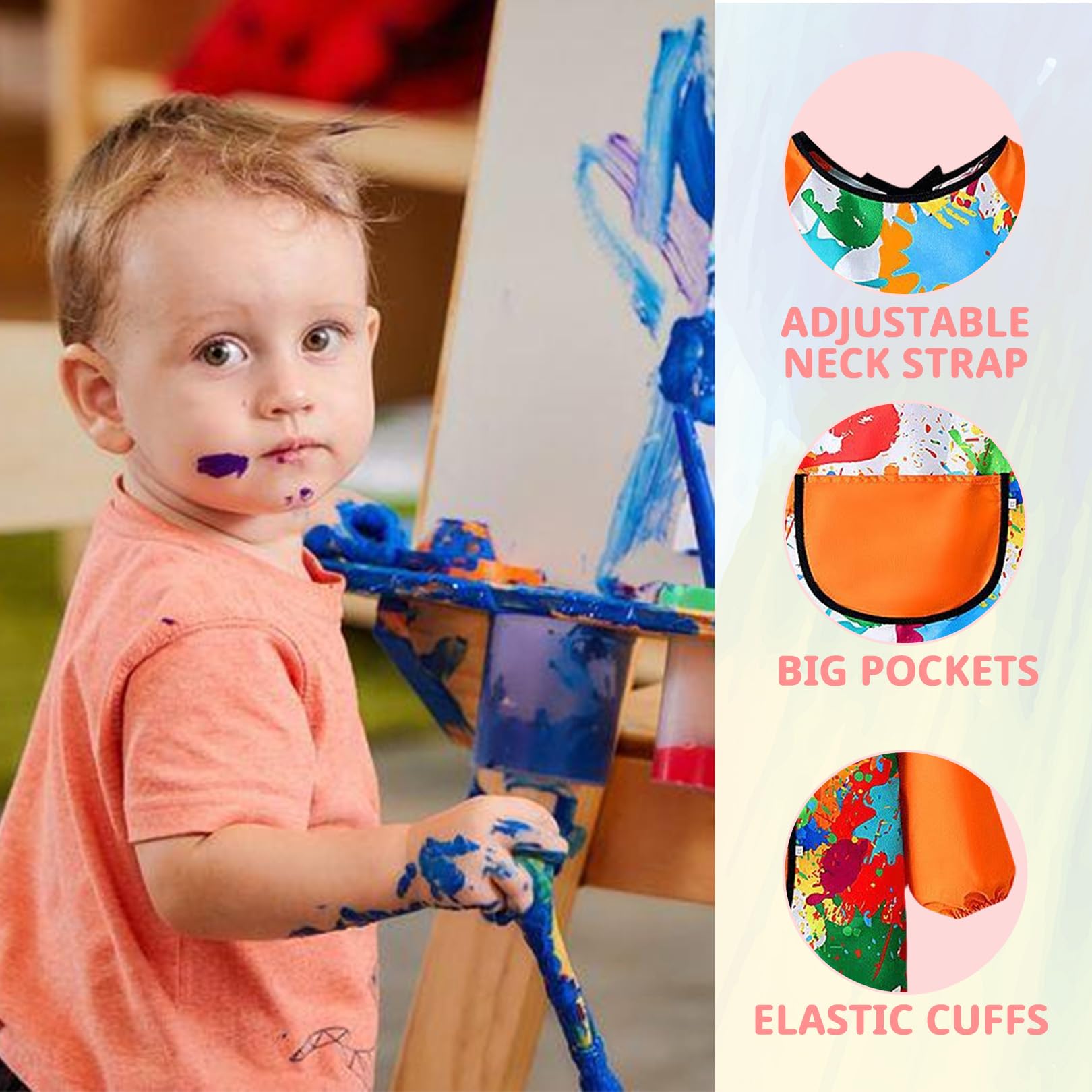 Kids Painting Apron 6-12 Age,Art Apron for Kids/Children/Toddler Aprons,Waterproof Graffiti Long Sleeves Smock with Large Pockets,Suitable for Boys and Girls Cooking,Painting,Craft,School (Orange) - Image 3
