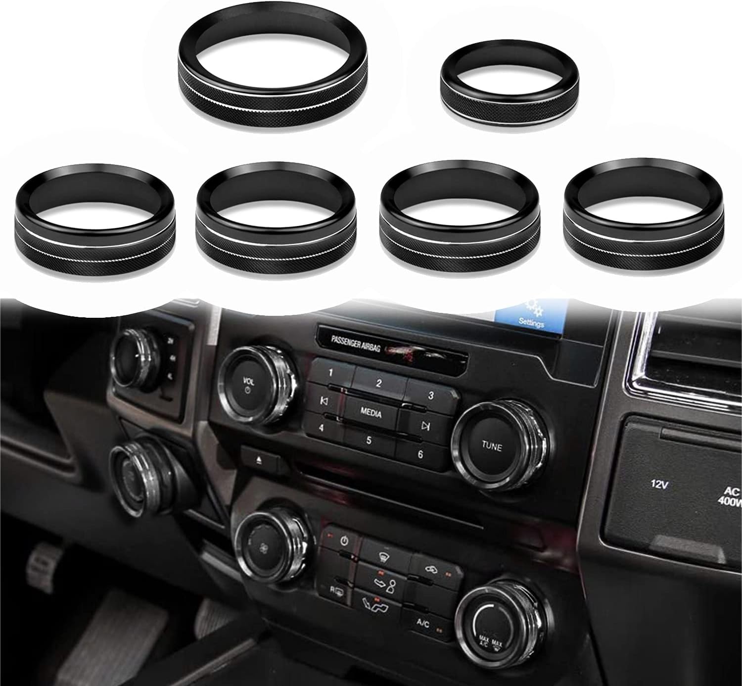 Knob Cover for F150 AC Climate Control Switch/Trailer/4WD/VOL/Tune Button Interior Center Console Trim Accessories Compatible with Ford F150 XLT 2016 2017 2018 2019 (Black 6 Pcs)